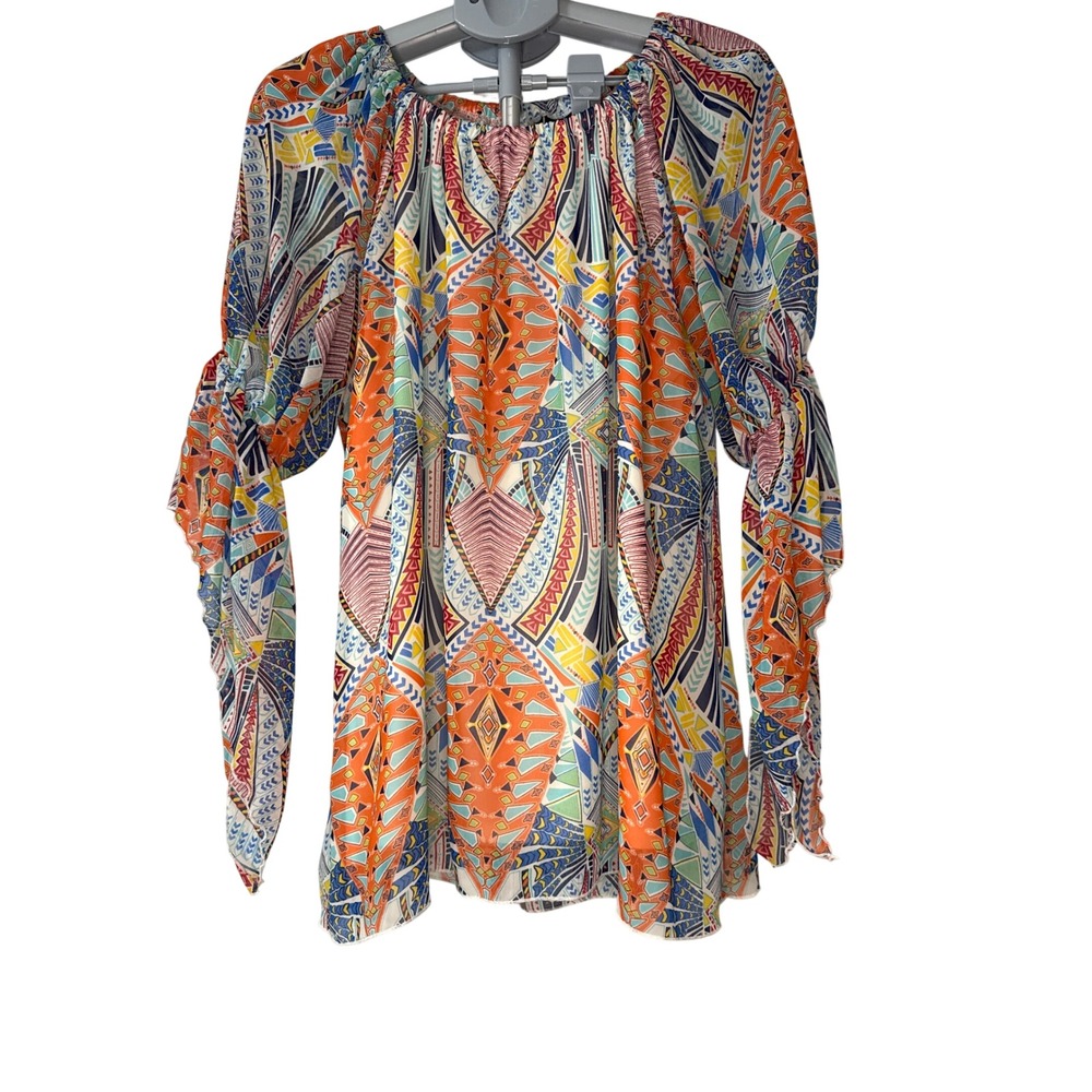 New Directions Womens XL Geometric Tribal Print‎ Split Sleeve Tie Blouse Top